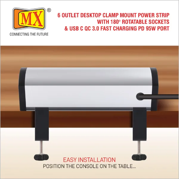 MX Power Console 6 Amp 6 Universal Rotatable Sockets With 95W PD Charging Port Extension Board Desk Clamp Mount Master Switch 3 Pin Power Cord 1.5 Mtr MX-4208 - Image 2