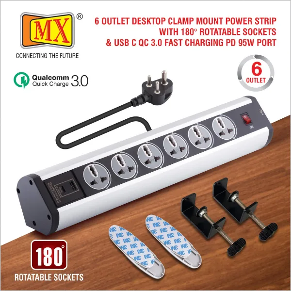 MX Power Console 6 Amp 6 Universal Rotatable Sockets With 95W PD Charging Port Extension Board Desk Clamp Mount Master Switch 3 Pin Power Cord 1.5 Mtr MX-4208 - Image 4