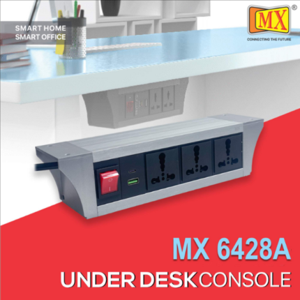 MX PDU Under table 6/16 Amps 3 Universal Socket | 2 USB (2.4 Amp) with 30W PD Charger | Dual Pole LED Indicator Switch | 16 Amps Heavy Duty Cord with ISI Marked Aluminium Body Material MX-6428A