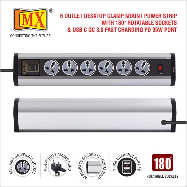 MX Power Console 6 Amp 6 Universal Rotatable Sockets With 95W PD Charging Port Extension Board Desk Clamp Mount Master Switch 3 Pin Power Cord 1.5 Mtr MX-4208 - Image 5