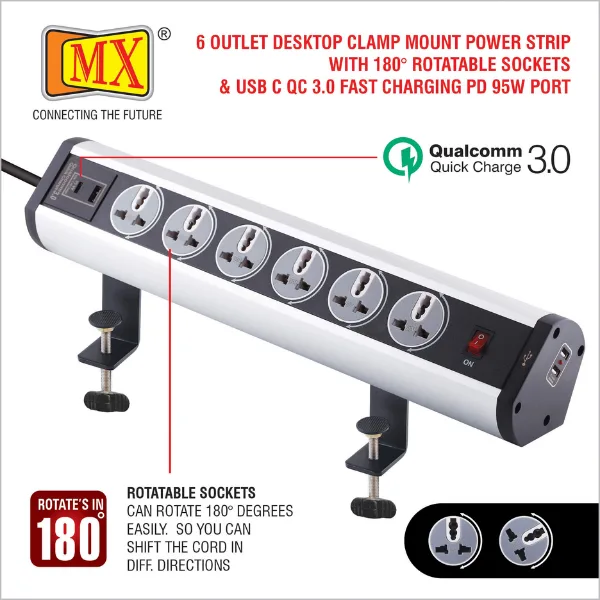 MX Power Console 6 Amp 6 Universal Rotatable Sockets With 95W PD Charging Port Extension Board Desk Clamp Mount Master Switch 3 Pin Power Cord 1.5 Mtr MX-4208 - Image 6