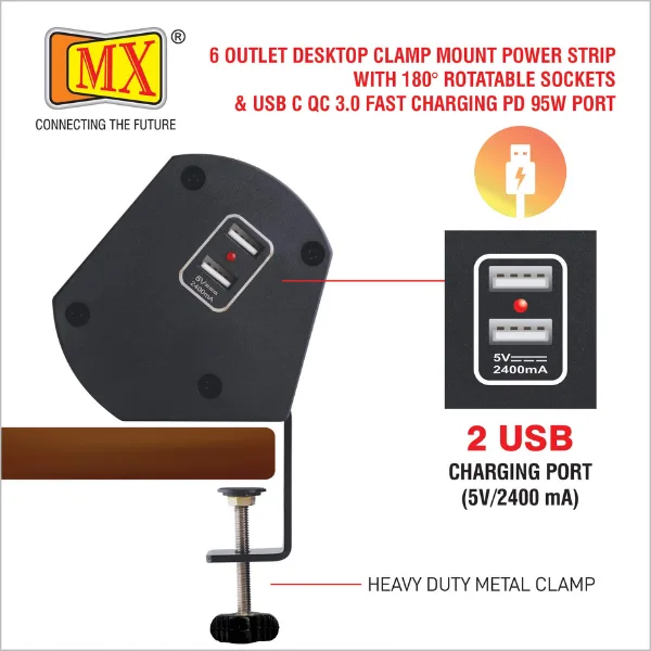 MX Power Console 6 Amp 6 Universal Rotatable Sockets With 95W PD Charging Port Extension Board Desk Clamp Mount Master Switch 3 Pin Power Cord 1.5 Mtr MX-4208 - Image 7