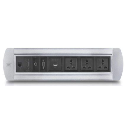 MX Manual Pop Up Box / Cable Cubby with 3 Universal Power Socket + 2 USB CHARGER (A + C 18W PD) + 1 HDMI (4K) + 1 RJ-45 (CAT-6) + 1 AUX (3.5MM) Cable Manager SILVER MX-7001