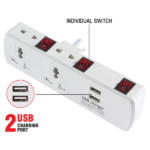 MX 3 Pin 6 Outlets Universal Adaptor (2 Sockets of 2 Pin +2 Sockets of 2 Pin +2 Sockets of USB Charger DC 5V - 2 Amp) With Individual Switch MX EY 1548 ITGLOBAL