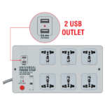 MX Power Strip With 6 Universal Socket With 2 USB Outlet For Charging ( 5v – 2.4ma ) Master Switch, Power Indicator, Auto Detect Wire Connection MX-982-USB