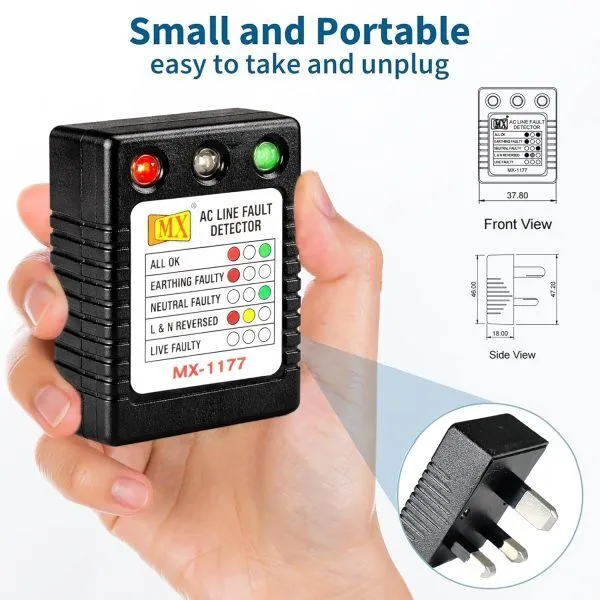1 MX AC Line Fault Detector Plug Tester for UK Sockets – Auto Wire Connection Checker 3-Way LED Indicator Live Neutral Earth Fault Detector 13A UK Outlet Tester Plug-in Home Wiring Inspector MX-1177 UK