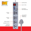 MX 4 Outlet Universal Sockets Spike Protector Having Three 5 Amp Sockets & One 15 Amp Socket With Fuse Protection Master Switch Power Cord MX-1460 - Image 2