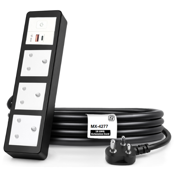 4277 MX Power Strip With Indian Standard 3 Pin Socket 16 Amp & Flush Switch 35W USB A+C Fast Charging ISI Marked Cord MX-4277 Series - Image 1