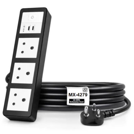 MX Power Strip With Indian Standard 3 Pin Socket 6 Amp & Flush Switch 35W USB C+C Fast Charging ISI Marked Cord MX-4279 Series