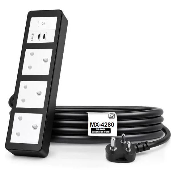 4280 MX Power Strip With Indian Standard 3 Pin Socket 16 Amp & Flush Switch 35W USB C+C Fast Charging ISI Marked Cord MX-4280 Series - Image 1