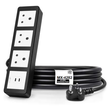 MX Power Strip With Indian Standard 3 Pin Socket 6 Amp & 35W USB C+C PD Fast Charging ISI Marked Cord MX-4282 Series