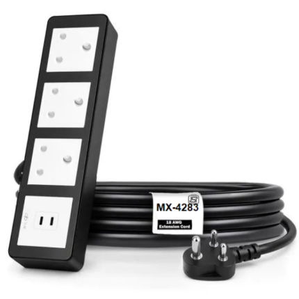 MX Power Strip With Indian Standard 3 Pin Socket 16 Amp 35W USB C+C PD Fast Charging ISI Marked Cord MX-4283 Series