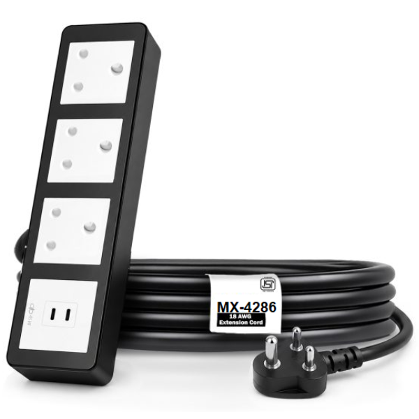 4286 MX Power Strip With Indian Standard 3 Pin Socket 16 Amps 45W USB C+C PD Fast Charging ISI Marked Cord MX-4286 Series - Image 1