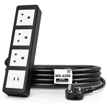 MX Power Strip With Indian Standard 3 Pin Socket 6 Amps 65W USB C+C PD Fast Charging ISI Marked Cord MX-4288 Series