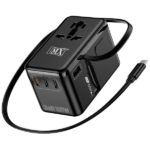 MX GaN 100W Universal Travel Adapter With Retractable 54cm USB-C Cable 3 USB-C Ports & 1 A Port 1 Universal Socket 6-in-1 Fast Charging International Adapter Type A/C/G/I Output 200+ Countries MX-4291