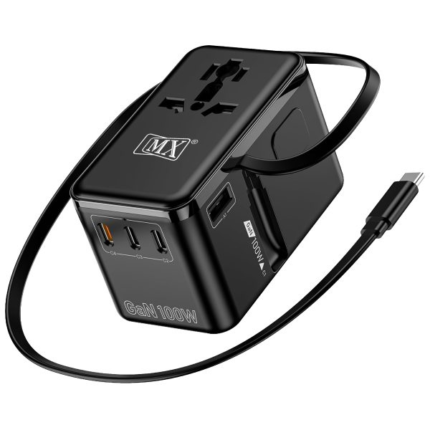 MX GaN 100W Universal Travel Adapter With Retractable 54cm USB-C Cable 3 USB-C Ports & 1 A Port 1 Universal Socket 6-in-1 Fast Charging International Adapter Type A/C/G/I Output 200+ Countries MX-4291
