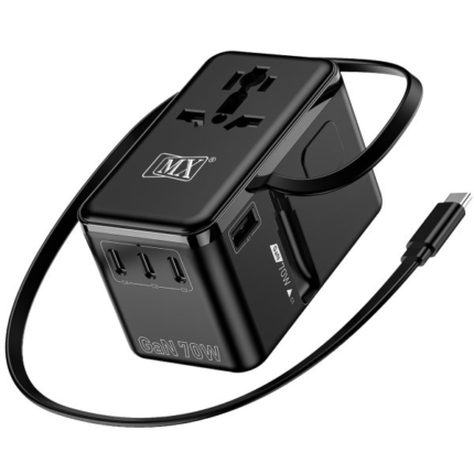 MX GaN 70W Universal Travel Adapter With Retractable 54cm USB-C Cable 3 USB-C Ports & 1 A Port 1 Universal Socket 6-in-1 Fast Charging International Adapter Type A/C/G/I Output 200+ Countries MX-4290
