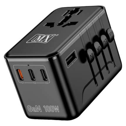 MX GaN 100W Universal Travel Adapter With 3 USB-C Ports & 1 USB-A Port 5-in-1 International Power Adapter for Worldwide Travel With Auto-Resetting Fuse Type D/A/C/G/I Output 200+Countries MX-4292