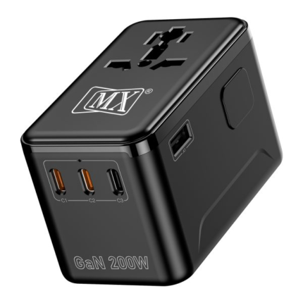 MX GaN 200W Universal Travel Adapter With 3 USB-C & 1 USB-A Port AC Outlet 5-in-1 International Power Adapter for Worldwide Travel Type A/C/G/I Plugs 200+ Countries Fast Charging Adapter MX-4293