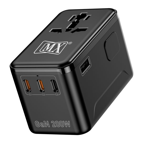 4293 MX GaN 200W Universal Travel Adapter With 3 USB-C & 1 USB-A Port AC Outlet 5-in-1 International Power Adapter for Worldwide Travel Type A/C/G/I Plugs 200+ Countries Fast Charging Adapter MX-4293 - Image 1