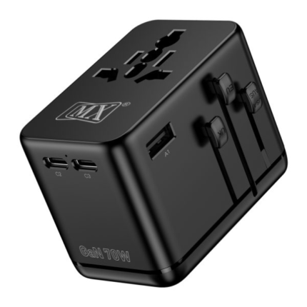 MX GaN 70W Universal Travel Adapter with 2 AC Outlets 3 USB C & 1 USB A Ports 6-in-1 International Power Adapter for Worldwide Travel Type A/C/G/I Plugs 200+ Countries Fast Charging Adapter MX-4299