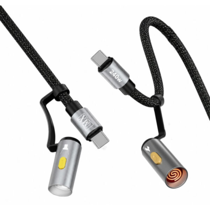 MX 240W USB C Cable 3-in-1 Multi-Function Charging Cable 1.2M With LED Flashlight & Electric Plasma Lighter PD Fast Charging Cable With E-Marker Chip Nylon Braided Type C Cable for USB C Devices MX-4323