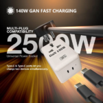 MX 140W GaN Multi Plug Indian Pin Adapter with Universal Socket & Dual USB C PD Fast Charging MX-4333 140W